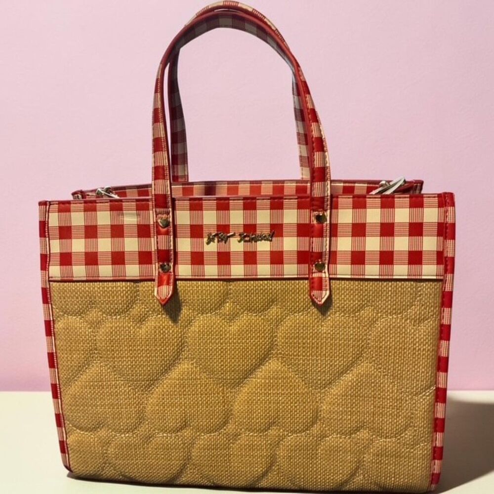 Betsey Johnson XO Beca Gingham Straw Quilted Heart Tote Bag EUC